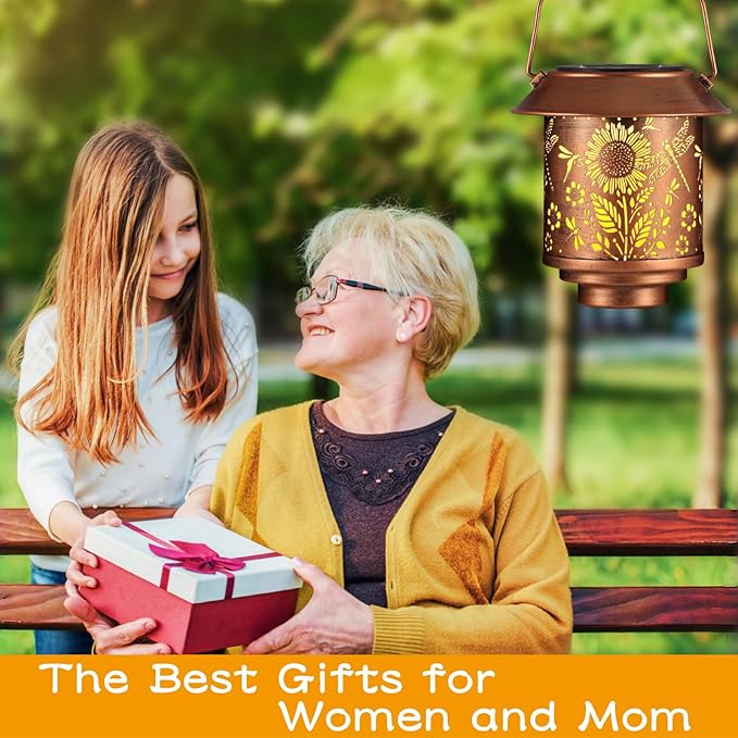 Solar Lantern Outdoor Hanging Sunflower Lights Gifts for Women Mom Metal Garden Decor Outside Waterproof LED Lanterns for Patio(Dragonfly + Sunflower-2pack)