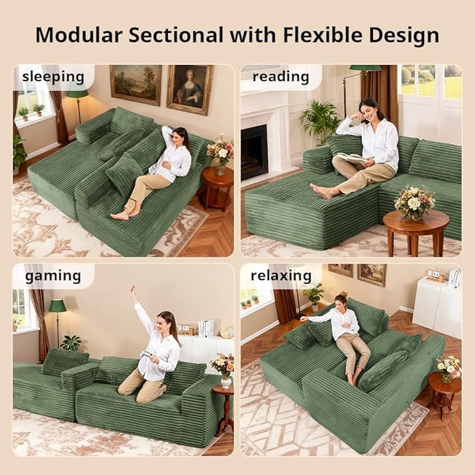 COMHOMA 105”Modular Sectional Sofa with Deep Seat,Cloud Upholstered L-Shape Couch Wide Arms Corduroy Fabric High-Density Foam Chaise Lounge for Living Room No Assembly Required