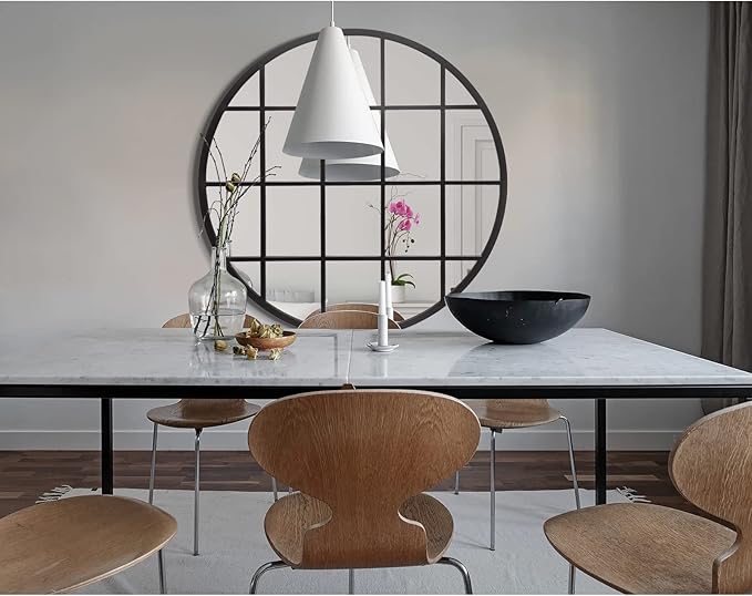 36 Inch Round Grid Wall Mirror, Metal Framed Window Pane Circle Mirror, Accent Decorative Mirrors, Circle Window Mirrors for Entry, Living Room, Bedroom, Matte Black