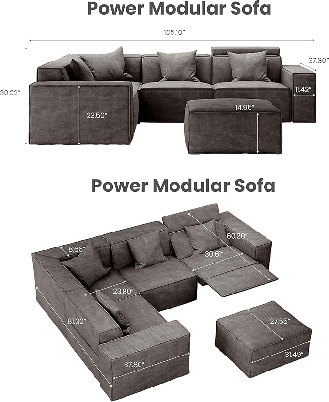 105" Power Sofa L-shaped Couch,Modular Sectional Couches for Living Room,Modern Large Sofa with Recliners,Comfy Velvet Cloud Couch with Deep Seat with 1 Ottoman,Pet Friendly for Home Office(Dark Grey)