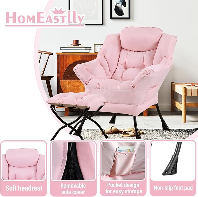 Lazy Chair with Ottoman, Large Pink Accent Chair with Ottoman, Comfy Reading Armchair, Leisure Sofa Chair for Living Room, Bedroom, Dorm Room, Office