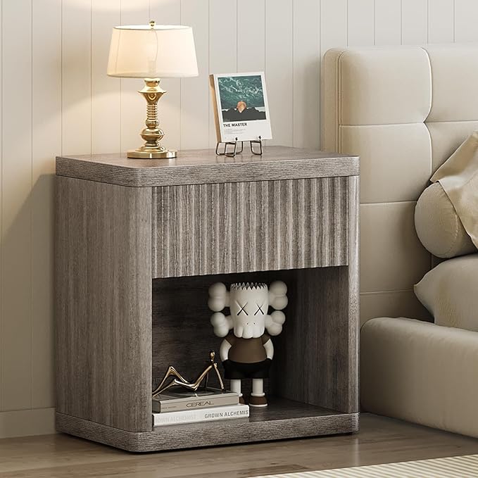 Night Stand Wide Bedside Table End Tables with Storage and Drawers, Modern Fluted Nightstand Side Table for Bedroom Living Room, Grey