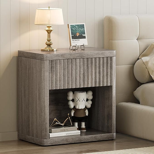 Night Stand Wide Bedside Table End Tables with Storage and Drawers, Modern Fluted Nightstand Side Table for Bedroom Living Room, Grey