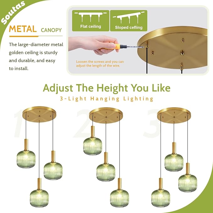 Stairwell Chandelier Green Glass Pendant Lights Kitchen Island Stripe Glass Shade Gold Dining Room Light Fixtures Mid Century 3-Light Cluster Long Chandelier for Farmhouse