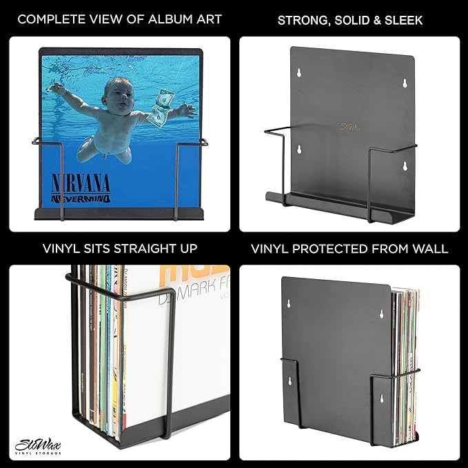 Vinyl Storage Display Holder (2pk) - Wall Mount Record Shelf - Matte Black, Fits 30 LPs, Minimalist Steel Shelves, Frame Album Art