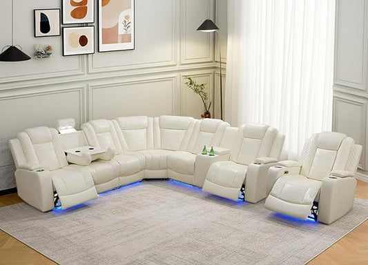 Power Recliner Sofa Set with LED, Breathing Leather Sectional Couch for Living Room, Living Room Furniture Set L Shaped Reclining Couch and Chair with Cup Holders&Storage (Cream White Upgraded)