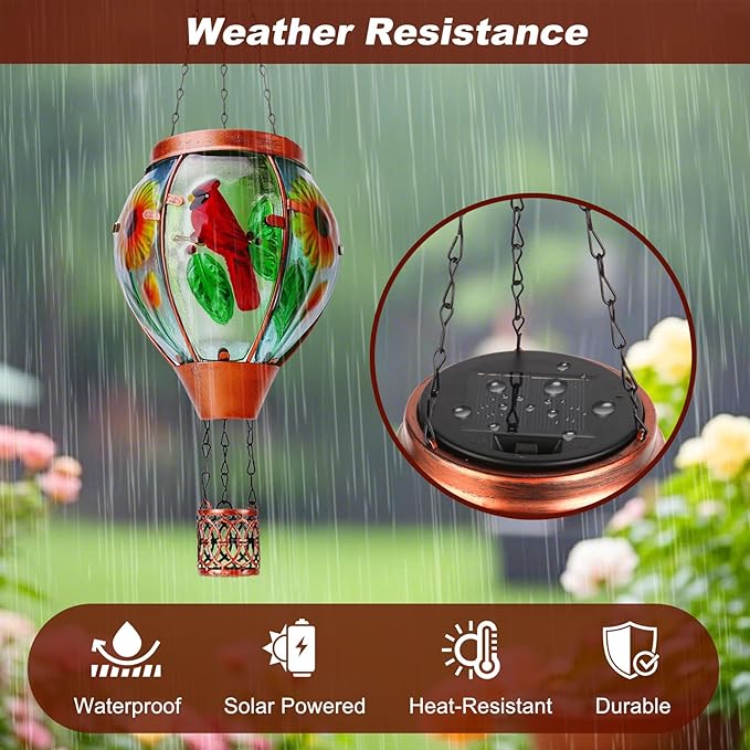 Solar Hot Air Balloon Lantern with Flame， Cardinal Glass Solar Hanging Lights Outdoor Yard Patio Farmhouse Decoration, Cardinal Gifts for Women Grandma Mom - Cardinal
