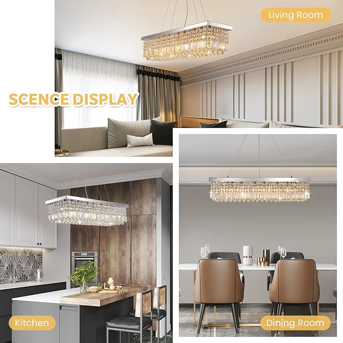 7PM Rectangle K9 Crystal Chandelier Modern Rectangular Pendant Light Fixture for Dining Room Kitchen Island Chrome L40 x W10 x H10
