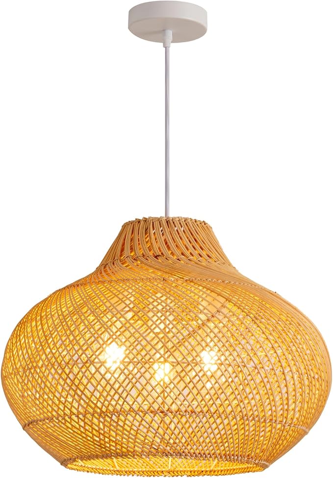 3-Light Rattan Pendant Light,18.9" Round Hanging Light,Wicker Pendant Light Hand-Woven Rattan Chandelier for Workplace Dining Living Bedroom Kitchen Farmhouse