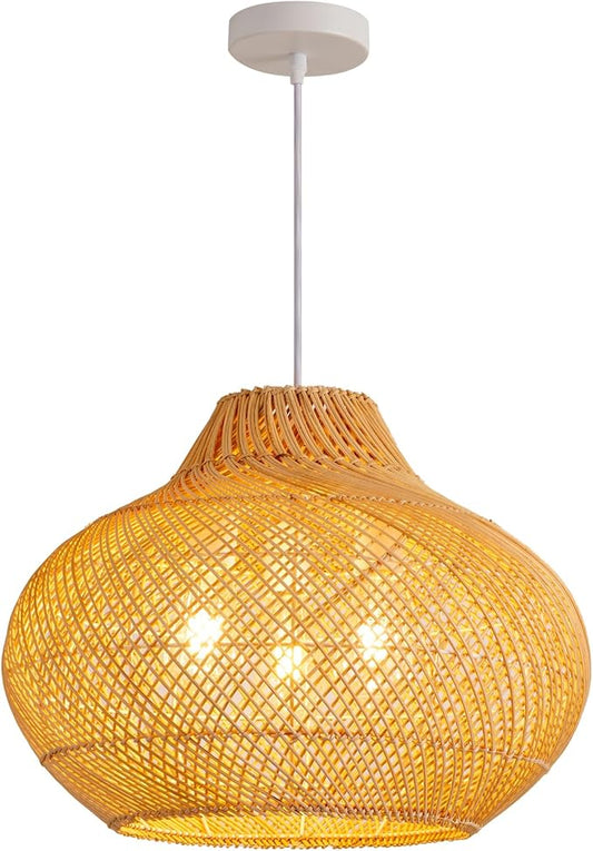 3-Light Rattan Pendant Light,18.9" Round Hanging Light,Wicker Pendant Light Hand-Woven Rattan Chandelier for Workplace Dining Living Bedroom Kitchen Farmhouse