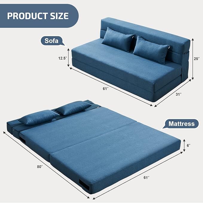 SUYOLS Folding Sofa Bed with Pillows- Convertible Chair Floor Couch & Sleeping Mattress, Foldable Memory Foam Sleeper for Living Room/Dorm/Guest Room/Home Office/Apartment/Loft, Queen, Navy Blue