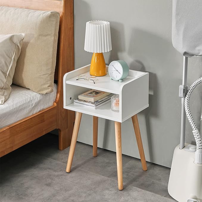 IBUYKE Nightstand, Mid-Century Modern Bedside Table with Solid Wood Legs, Minimalist and Practical End Side Table with Open Storage Shelf, Easy Assembly, White UWNS003W