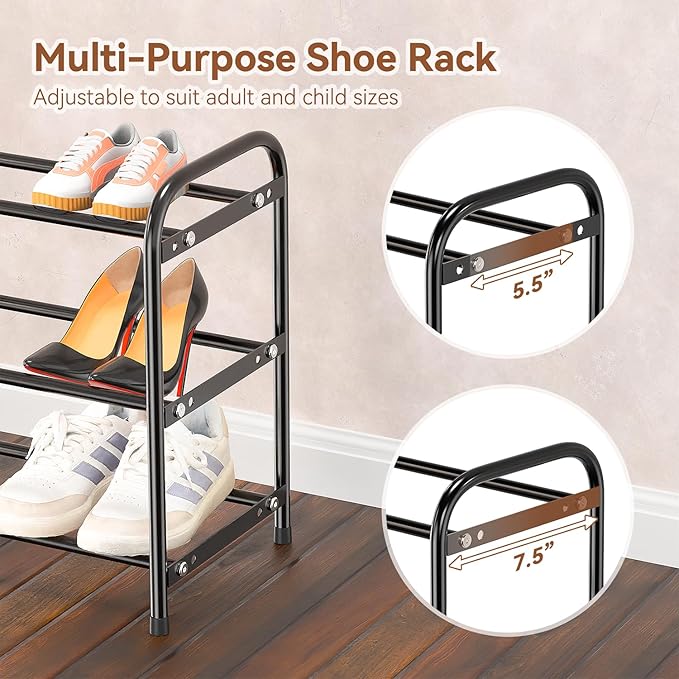 SUFAUY 3 Tier Expandable Shoe Rack for Closet,18“-32”Wide Adjustable Metal Shoe Organizer Cabinet Storage, Black
