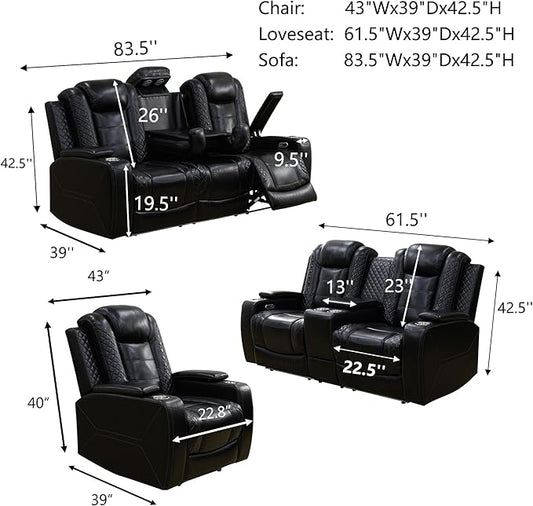 Leather Power Recliner Sofa Set with LED, Living Room Furniture Set, Leather Sofa Set with USB Port Storage Console Cup Holder for Office Living Room Home (All-Black Upgraded Version 8 Cup Holders)
