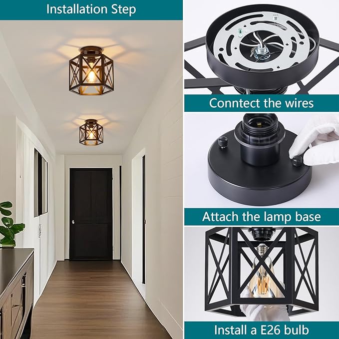 2 Pack Farmhouse Semi Flush Mount Ceiling Light, Industrial Black Hallway Light Fixture, Small Metal Cage Close to Ceiling Lights for Kitchen Sink Porch Bedroom