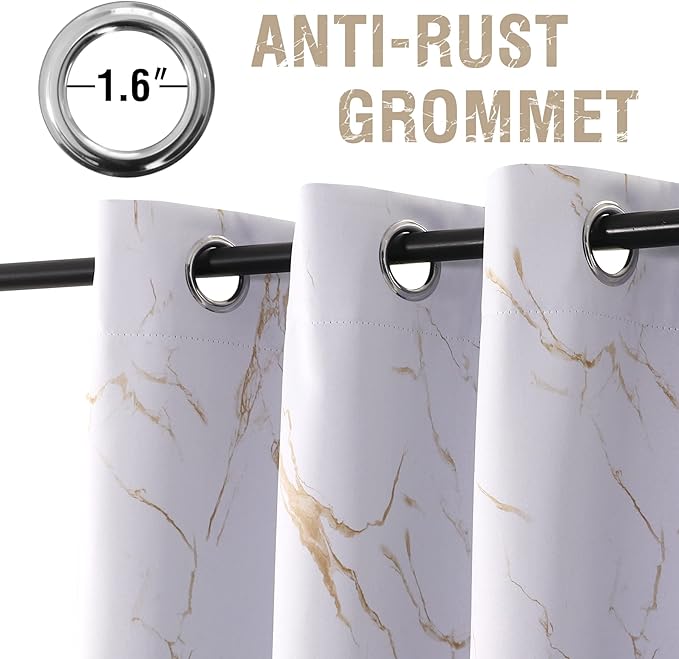 H.VERSAILTEX 100% Blackout Curtains 96 inch Length 2 Panels Set Marble Designs Printed Drapes Thermal Curtains for Bedroom with Black Liner Sound Proof Curtains, Gold