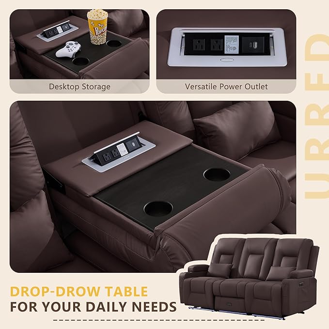 URRED Power Loveseat Recliner Sofa with Console, Wall Hugger Reclining Loveseat RV Couch with LED Light, 150° Zero Gravity Recliners Modular Couches for Living Room (Dark Brown, 77.3'' - 3 Seats)
