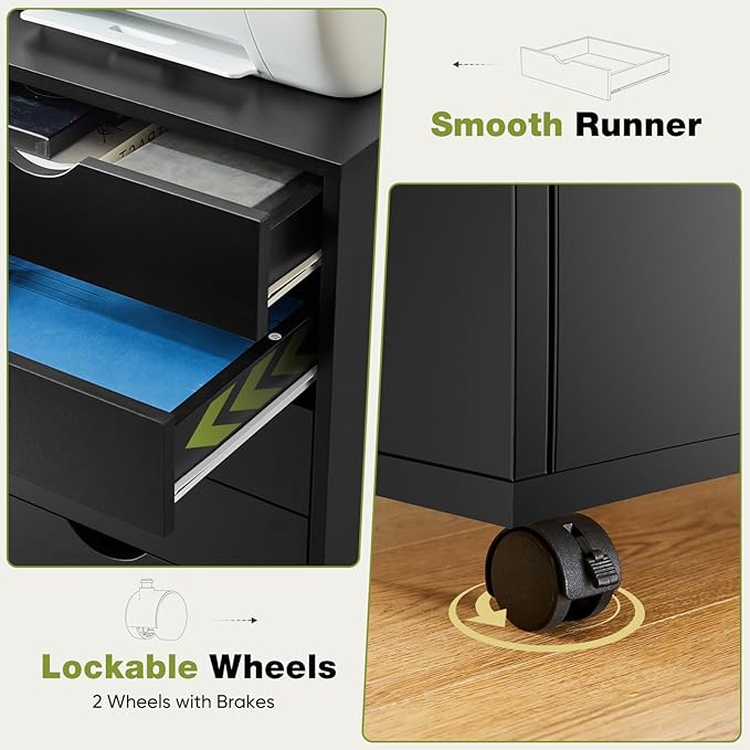 Sweetcrispy 7 Drawer Chest Mobile Storage Cabinets Wooden Dresser with Wheels Room Organization Furniture for Office Home, Black Wood