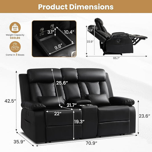 Power Reclining Loveseat with Console and Cup Holders,Leather Electric Recliner Sofa with USB & Type-C Ports, Storage Armrest and Lumbar Pillow,Wall Hugger Couch for Living Room RV (Black, 2 Seats)