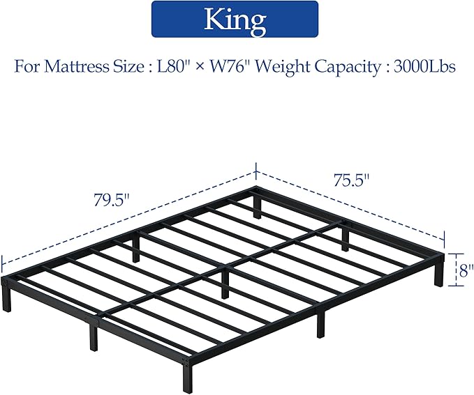 8 Inch King Size Bed Frame, Heavy Duty Metal Platform Bed Frame No Box Spring Needed, Noise Free, Easy Assembly, Black