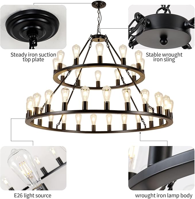 Wagon Wheel Chandelier 2 Tier 48-Inch 36-Light, Farmhouse Industrial Chandelier Black Rustic Pendant Light Fixture Extra Large for High Ceilings, Living Room Foyer