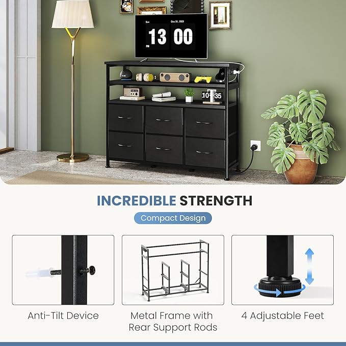 DUMOS TV Stand for Up to 45 inch TV, Wood Top TV Media Console Table with 6 Fabric Drawers, 2 Shelves, Entertainment Center with LED Lights & Charging Station for Living Room, Hallway, Black
