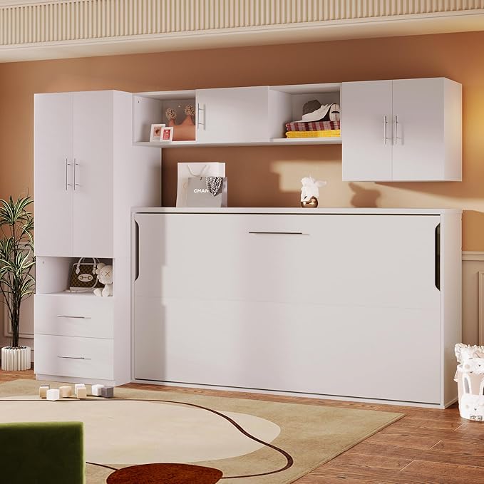 Merax Twin Murphy Bed Cabinet with Storage Wardrobe, Wood Folding Wall Cabinet Bed w/Open Shelves & Drawers, for Guest Room, Home Office, White