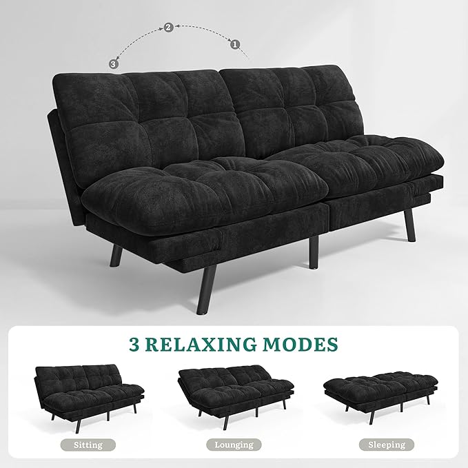 YITAHOME Futon Sofa Bed with 3-Position Adjustable Backrest & Armrests, Upholstered Loveseat Couch Bed, Expandable Foldable Design for Living Room, Bedroom, Small Apartments, Black