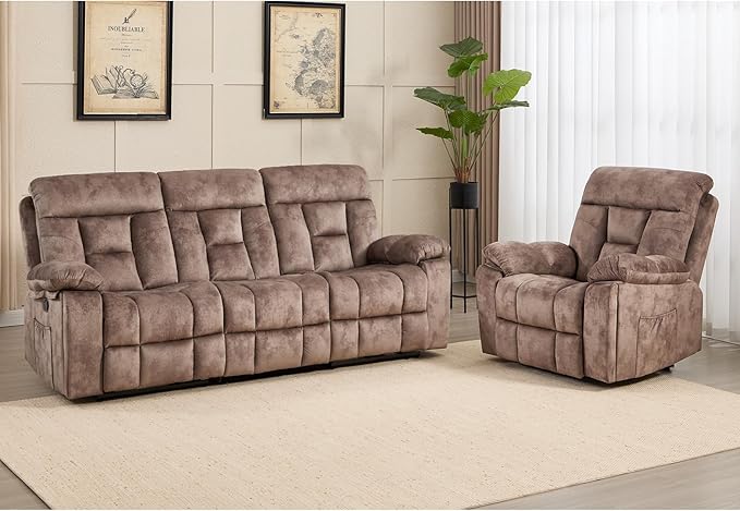 CANMOV Recliner Sofa Set, Power Lift Recliner with Massage&Heat and 3 Seat Sofa, Reclining Sofa with Overstuffed Armrest, Hidden Cup Holders, for Living Room, Camel-Brown