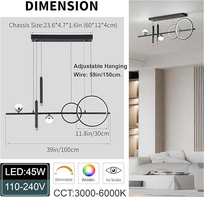 LED Modern Chandeliers for Dining Room, Dimmable Black Gold Chandelier Kitchen Pendant Lighting Over Island, Linear Ring Globe Pendant Light Fixtures Dining Room Lights Ceiling Hanging