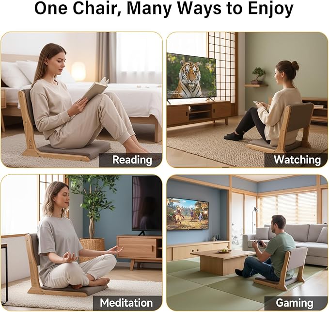 Tiita Floor Chair with Back Support, Foldable Meditation Tatami Chairs, Backrest Chair with Cushion, Living Room Chair Seat 4 Pack, Wood Grey