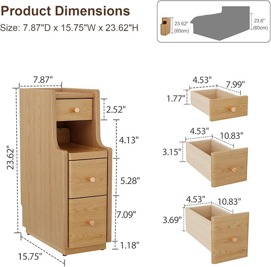 Narrow Nightstand with 3 Drawers,Solid Wood Narrow Bedside Table Natural, Modern Skinny Nightstand for Bedroom(Fully Assembly)