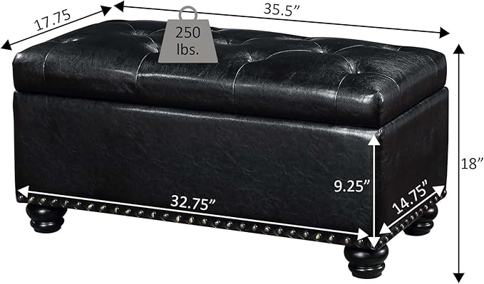 Convenience Concepts Designs4Comfort 7th Avenue Ottoman Bench 35.5" - Modern Upholstered Footstool & Seat with Hinged Lid & Storage, for Living Room, Bedroom, & Entryway, Dark Charcoal Gray Fabric
