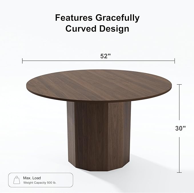 Casaphoria 52" Round Dining Table, Modern Wood Kitchen Table with Cylinder Polygonal Base for Living Room & Dining Room, Easy Assembly Farmhouse Furniture for 4-6, Walnut