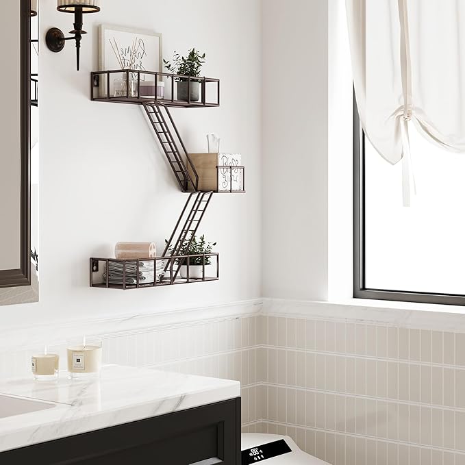 Fire Escape Wall Shelf with Baskets, 3-Tier Metal Fire Escape Ladder Shelf Wall Organizer, New York Inspired Decorative Shelf, Brown Floating Action Figurine Display Shelves for Bedroom, Home Décor