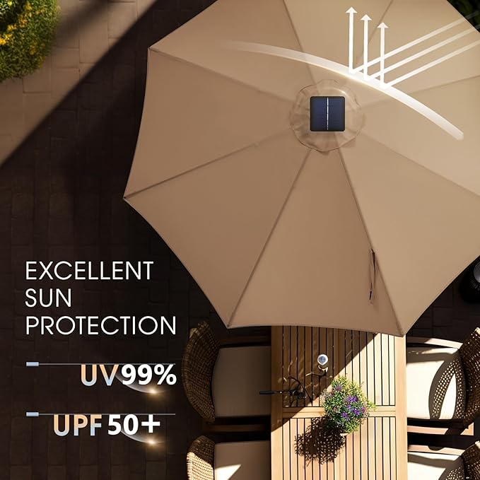 wikiwiki 10FT Solar Led Patio Umbrella with Base Included, 32 LED Lights, 8 Sturdy Ribs, Fade Resistant Waterproof POLYESTER DTY Canopy for Garden, Lawn, Deck, Backyard & Pool, Tan