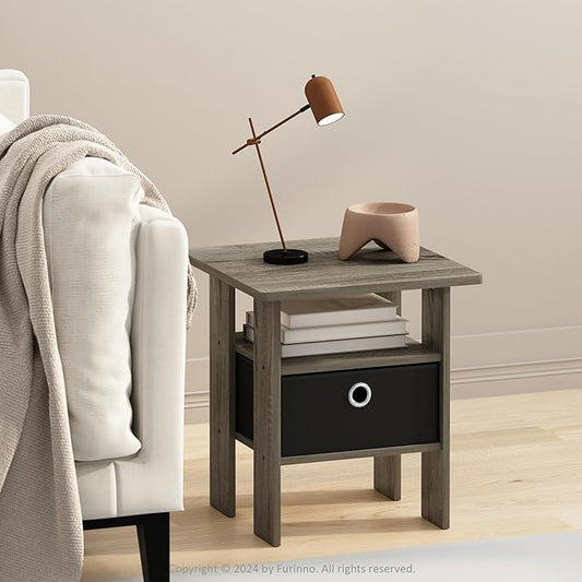 Furinno Modern Side Table, Square Top End Table with Storage Bin, Night Stand, Bedside Table with Storage Shelf, for Living Room, Bedroom, Grey Oak