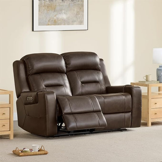 Watson & Whitely Genuine Leather Power Loveseat Recliner Sofa, Lay Flat Loveseat Reclining Sofa with Power Headrest, Cup Holders, USB & Type-C Ports, Dual Recliners for Living Room, Dark Brown