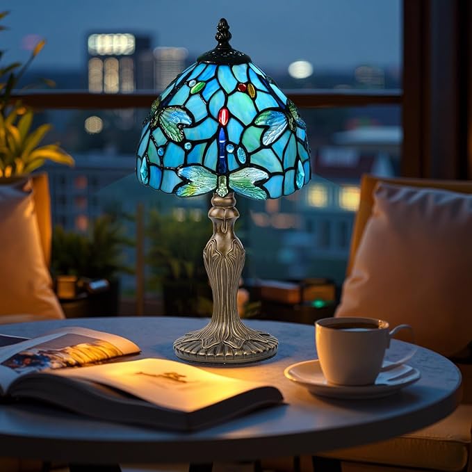 Small Tiffany Table Lamp, 3 Color-Temperature Dragonfly Stained Glass Lamp,8 Inch Tiffany Style Lamp for Bedroom Living Room Home, Handcrafted Light, Included Bulb (Blue)