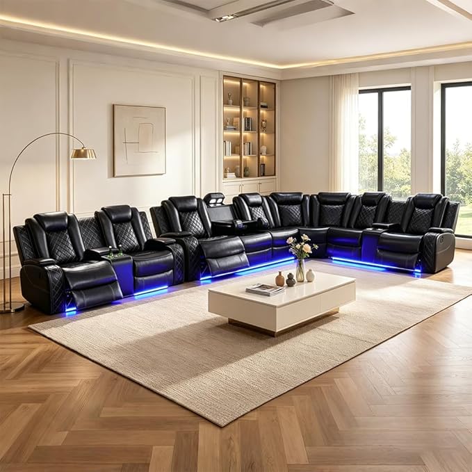 Power Reclining Sectional Sofa with LED, Leather Recliner Couch for Living Room/Home Theater, Sectional Reclining Couches with USB Port/Hide-Away Storage