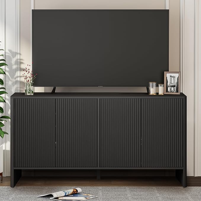 Fluted Sideboard with Doors & Shelves - Buffet & Credenza Storage - Under TV or Bedroom/Entryway Cabinet - Black