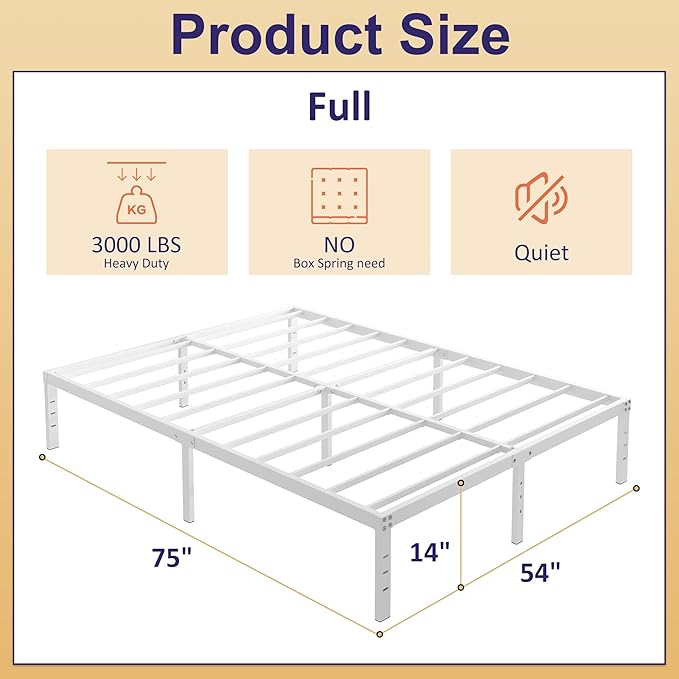 14 Inch Full Size Bed Frame No Box Spring Needed, Heavy Duty Metal Bed Frame Full with Large Underbed Storage Space, Noise Free, Easy Assembly, White