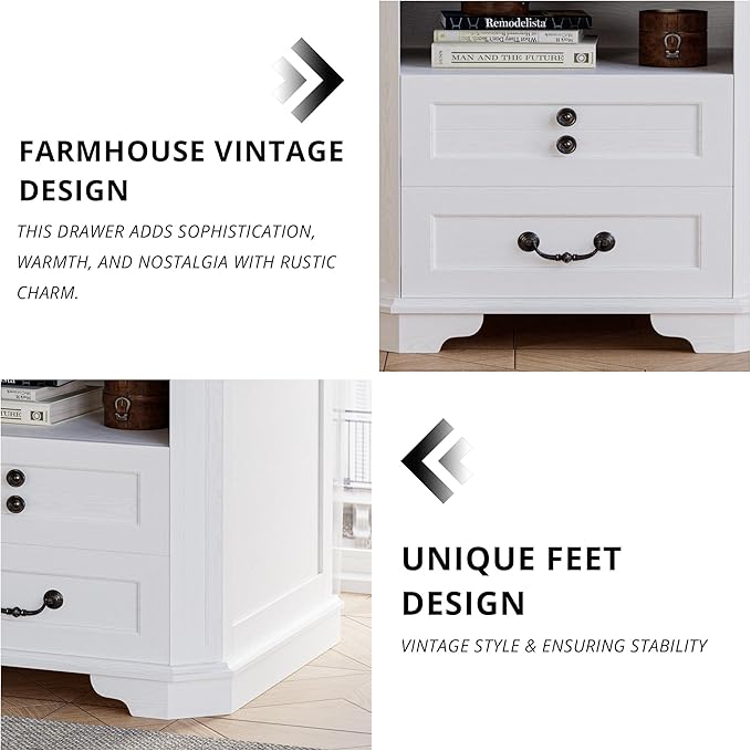 IRONCK Night Stand 23.4" Farmhouse End Table with Charging Station, Large Sofa Side Table with 2 Drawers, for Bedroom, White