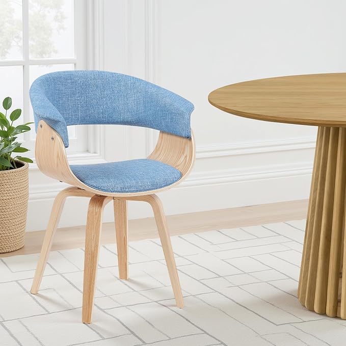 Armen Living Summer Mid-Century Upholstered Dining Chair in Light Blue and Patterned Oak Finish