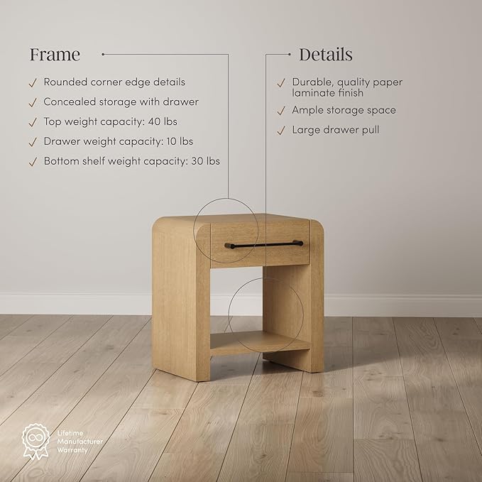 Nathan James Benjamin 1-Drawer Modern Nightstand, Rustic Bedside Table with Drawer, Rounded Edges with Metal Handle, Light Brown Set of 2