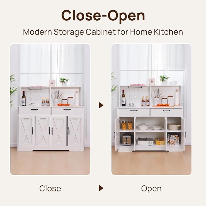 Sideboard Buffet Cabinet with Storage, 47'' Farmhouse Coffee Bar Cabinet, Kitchen Pantry Storage Cabinet with Doors and Shelves for Dining Room, Living Room, Kitchen, White