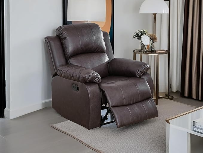 Brown Recliner Chair Contempary Bonded Leather Living Room Furniture Manual Recliner Single Chair Wall Hugger with Overstuffed Arm & Back for Home/Office/Rv Car (Brown, Chair)