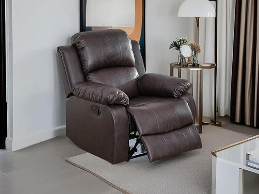 Brown Recliner Chair Contempary Bonded Leather Living Room Furniture Manual Recliner Single Chair Wall Hugger with Overstuffed Arm & Back for Home/Office/Rv Car (Brown, Chair)