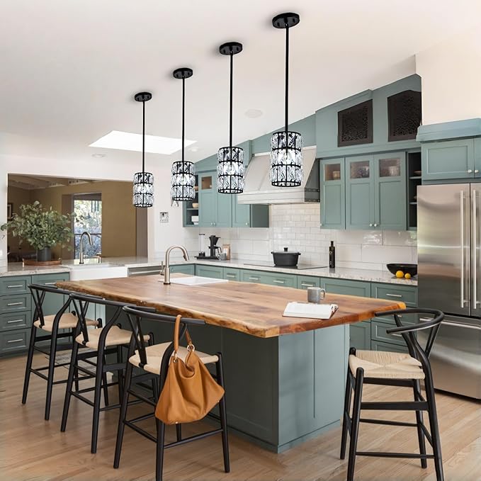 CALDION Modern Black Crystal Pendant Light, 3-Pack Crystal Pendant Light Fixtures Mini Crystal Chandeliers, Adjustable Hanging Ceiling Lights for Kitchen Island Dining Room Bedroom Hallway Bar