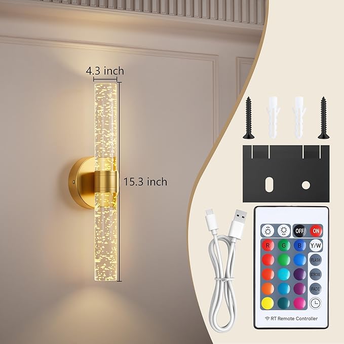 Gold Battery Operated Wall Sconce, 13000mAh Rechargeable Wall Light with Remote Control, 15 Color Dimmable Wireless Wall Lamp for Bedroom Living Room Hallway Party Decor, Crystal Wall Sconce